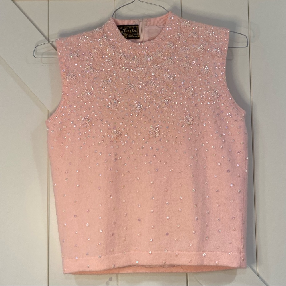 Vintage Pink Sequin Beaded Sleveless Top - 70%Lambs Wool
